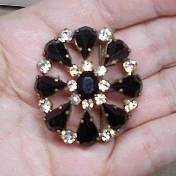 SALE 1930s Black Jet Rhinestone Pin Domed Brass Sparkling Shiny 1 3/4" GORGEOUS Brooch. Brooch to Pendant Converter Avail  "Made in Germany"