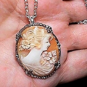 Sterling Shell Cameo Necklace, Hand Carved Beauty w/ Flowers in Hair & On Shoulder Marked Sterling Pendant Fine Silver Plated  Necklace