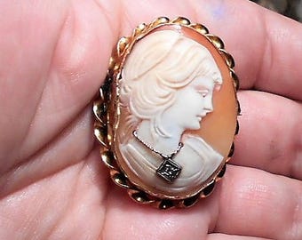 Diamond Cameo Gold Filled Habille Vintage Hand Carved Shell Cameo w/ Real Diamond Necklace Brooch.Only 149.90 Demure Converter Avail.