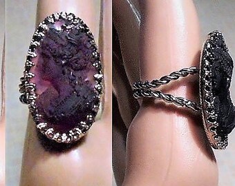 SALE Victorian Amethyst CAMEO RING Antique Goddess Curly Tendrils in Large Silver Tone Adjustable 5-7 Ring 1910 Amethyst Glass Cameo Ooak