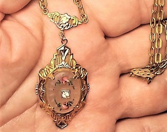SALR Camphor Glass w/ Rhinestone Hand Painted Roses Gold Plated & Silver Plated Ornate Lavalier on Gold Tone Paper Clip Necklace.  149.90