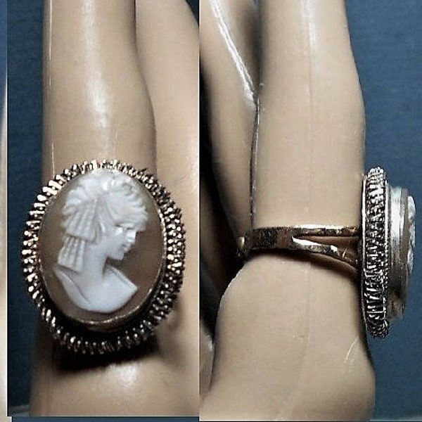 SALE 1 Shell Cameo Ring, Exquisite Hand Carved Cameo w/ Bannana Curls. Marked 800 Cut Silver Around ADJUSTABLE 5-8 RING w/ Gold Filled Band.