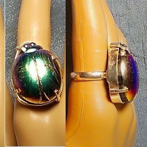 1 Vintage Scarab Bug RING Vitrail Tschechische Glas Ring schillernde Farben blau, grün, rosa, Gold 925 Splitter Prong Ring Bug Unisex Größe 9 nur 99.