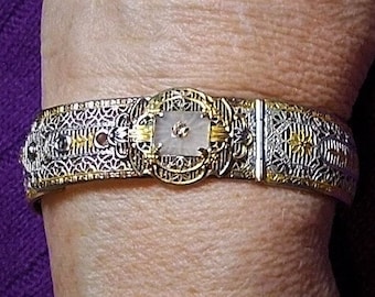 SALE 1920 PSCo Camphor Glass Bracelet Gold & Silver Plated Open Filigree Camphor Glass Exquisite Edwardian Hinged Easy Latch 3 Hole Bangle