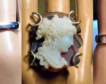 SALE Huge Cameo RING, 1890 French Pate de Verre White Glass Victorian Cameo on Slice of Agate, Size 8 3/4 Marked 925,One Of A Kind!  179.90