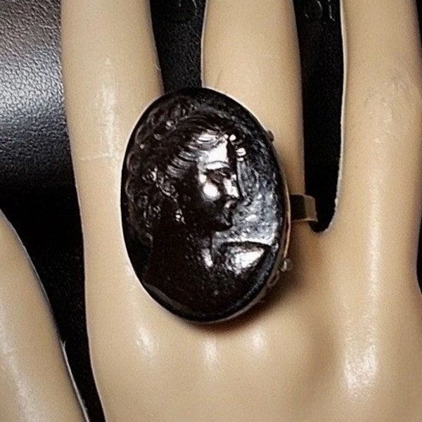 SALE 1 Large Black Cameo Ring, Antique 1925 Pressed Horn Hand Carved Black Cameo Ring RARE on Vintage Brass Adjustable Size 7 to 9 Ring OOAK