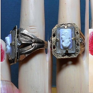 VENTA 1 Vintage Alcanfor Glass CAMEO RING, Art Deco Alcanfor Glass w / Resin Cameo Gold Plated Ring, Size 7 3/4 Ring Hallmarked C & C.  ooak