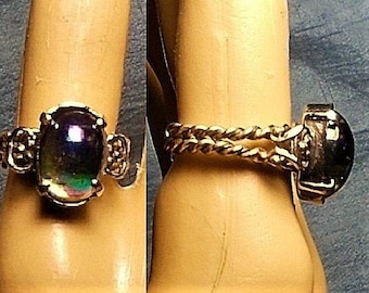 SALE 1 Antique Saphiret Stone Ring W Germany Silver Plated Brass Adjustable 5.5 to 8 Art Nouveau Aurora Iridescent Gold Filled Rainbow Glass