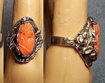 SALE Antique Coral Cameo RING Hatted Beauty w/ long Hanging Tendrils, Sterling Figural Roses Genuine Salmon Coral,  Size 7 1/4 Hand Wrought
