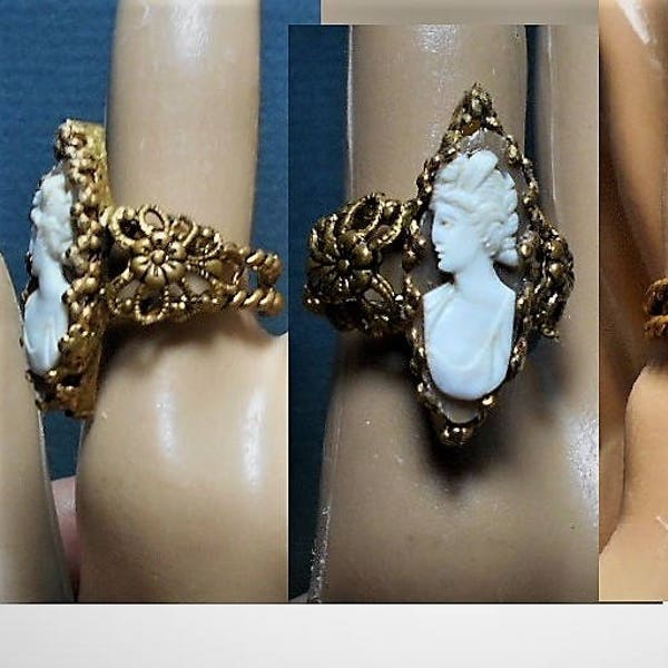 SALE Shell Cameo RING, 1 Brass W. Germany Filigree, Rare OOAK, Victorian  Comb in Hair, Adjustable 5-7, Prong Set One Of A Kind 59.90