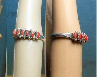 SALE 1930s Dainty Tiny Coral Ring  Silver Unmarked 6 1/4. Exquisite Art Deco Ring. Genuine 6 Pieces Prong Set Coral.  Only 49.90