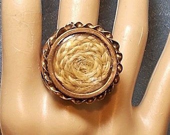 1880 Victorian Mourning Hair Ring, Gold Filled Mourning Blonde Plaited Hair Domed Glass Twisted Rope In Old Bronze Ring Size 8 UNISEX OOAK.