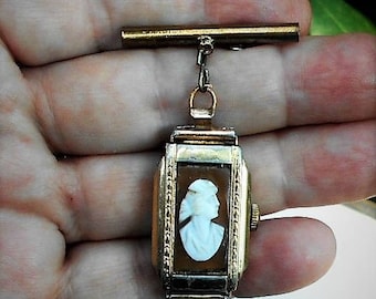 SALE Antique Cameo Vintage Watch Face Gold Filled 100 Yr Old HANDMADE Watch Fob Hand Carved Shell Cameo in Watch w/ No Guts Only Beauty OOAK