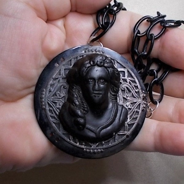 Sale Antique Gutta Percha Black Mourning Cameo Thick Face Forward Old Worn on SP Filigree Celluloid Pendant Plastic Link Chain AS IS