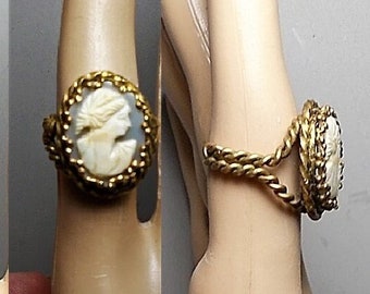 1 Vintage Shell CAMEO RING, Hand Carved "Ceres" w/Wheat in Hair, Ornate West Germany Brass Vintage Adj. Sz 5-8 Ring One of a Kind Only 89.90