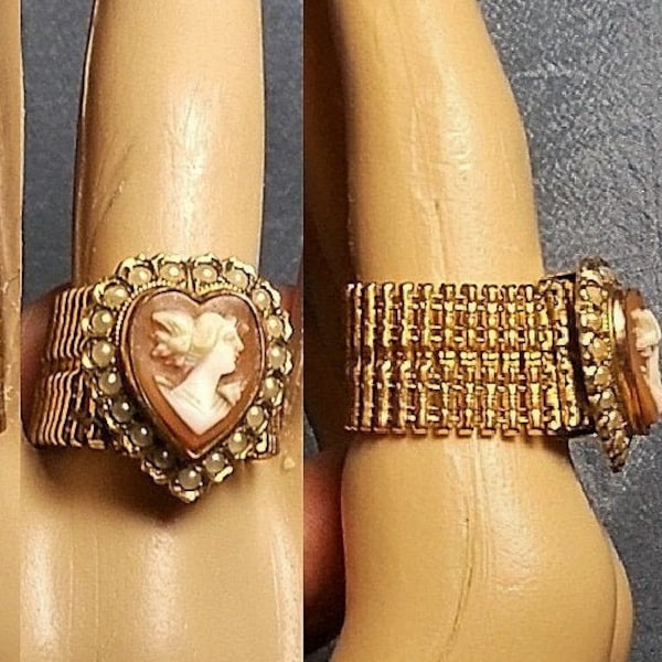 SALE PSCo CAMEO Heart RING Marked Gold Filled w/ Chain Links, Size 8, Small Heart Shell Cameo Hand Carved Flying Hair & Jewelry Only 149.90