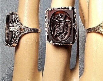 SALE Dark Glass Angel Cherub RING Uncas Rhodium Plated Open Filigree Ring 1910 Darkest Nearly Black Glass Angel & Cherub, Ring Size 6 OOAK