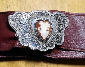 Cameo Heart Stretch Belt Romantic Gothic Floral  Victorian Inspired Belt SALE Heart Cameo Belt Burgundy Faux Leather Vintage Silver  main image 2