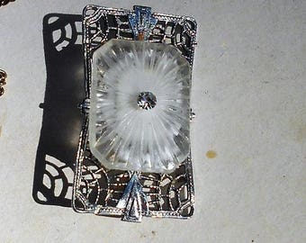 SALE Camphor Glass Brooch 1920s Edwardian Rhodium PLATED Camphor Glass Art Deco Filigree Brooch. Addition of Bail, Silver Plate Chaun Avail