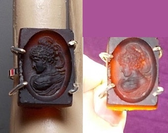 SALE 1910 Honey Glass Goddess RING  Lots of Hair Piled High Cameo Thick Moulded Nearly Brown Glass. New 925 Ring Size 4 1/2 Adjusts to 6 1/2