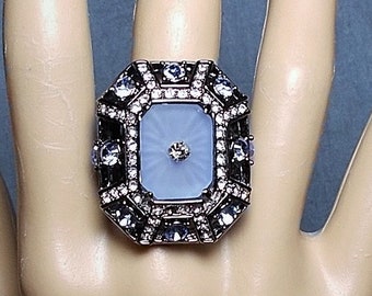 SALE Large Camphor Glass Ring Stunning Blue, Clear Rhinestones Raised Basket Vintage Pale Blue Camphor Glass Sunburst Rhinestone OOAK 1 1/2"