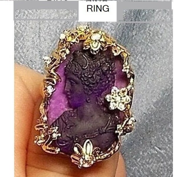 1 1910 Amethyst Cameo RING Large Goddess Glass Beauty Head of Curls, Downton Abbey Crown, Lace, Open Work Floral Rhinestone G.P. 925 Adjusta