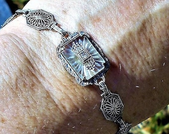 SALE 1920s  Camphor Glass Bracelet Edwardian Lovely Filigree Link Geometric Art Deco  Shapes. Ornate Exquisite. 7 3/8" Long. Heart connector