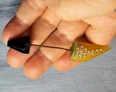 Celluloid Yellow Black Rhinestone Hat Pin 1930s Art Deco Double Sided Arrow Flower Pot Bottom Unscrews 3 1 4 quot End of Day Color Celluloid