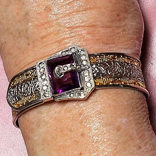 Amethyst CUFF BANGLE Silver Gold PLATED Marked Whiting Davis, Buckle Clasp with Rhinestones, Cuff w/ Filigree Silver, Gold Trim, Excellent