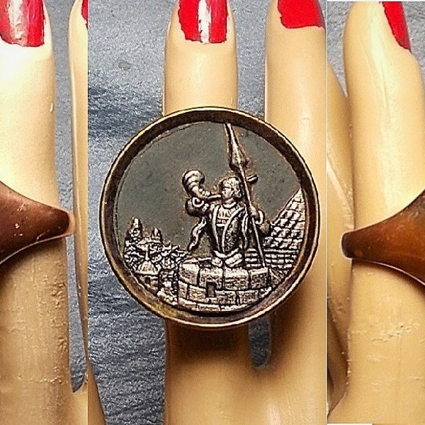 SALE 1 Antique Armored Warrior in Castle Ring Bronze Plated Unisex Ring Size 5.5 Antique Tin Large Button 100 Yrs Old, Captain Bugles Troops