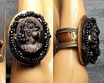 SALE 1940s Black Cameo Ring, Large Black Glass Black Beaded Celluloid Cameo Flowers Curly Hair Brass Setting on Copper Brass Adjustable Ring