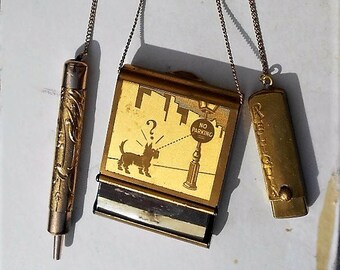 CHATELAINE  Cute "Can I Pee Here?"  Dog Match Case 1946 6 Year Brass Calendar, Gold Wash Mechanical Pencil, GP Lipstick Case Separate or Set