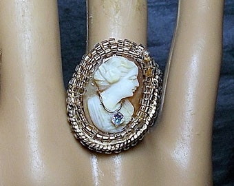 1930s Habille Cameo RING Vintage Hand Carved Shell w/ Rhinestone Necklace in Silver Lined Crystal Beaded Surround Ornate S P Ring Size 6 1/2