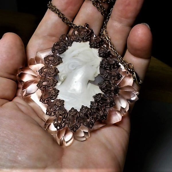 SALE Huge Shell Cameo on 1920s Cut Glass Faceted Runway Heart Leaves Buckle with Copper Filigree Open Work Surrond Necklace.  OOAK  179.90