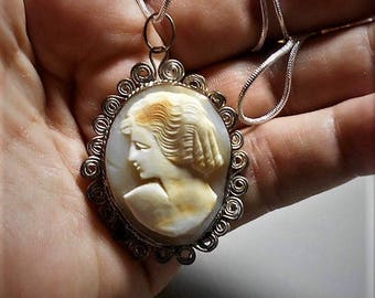 SALE Genuine Shell Cameo 3 Color w / Banana Curls, vintage Handwrought Silver Ornate Filigree Handcrafted W / New Sterling Necklace OOAK 79.90
