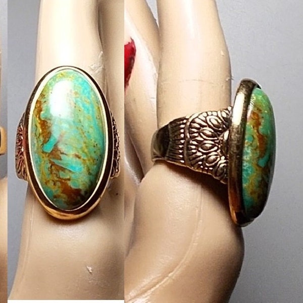 Vintage Original Genuine Green Veined Turquoise Bronze Barse Ring Gold Plated Thick 1 1/3" Ornate Size 6 3/4 OOAK One of a Kind! UNISEX