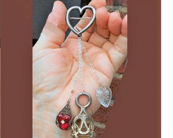 SALE CHATELAINE Large Sterling Heart BROOCH w/ Large Silver Plate Wax Seal Stamp, Cut Glass Roses Heart, Queen High Collar Mirrored Heart.