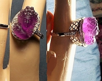 SALE 1910 Amethyst Glass Cameo in Rhinestone Silver Ring Size 5 1/2, Face Forward Cameo Flowers Curly Tendrils, Flowing Gown Raised Basket