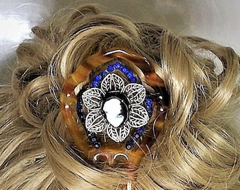 SALE Antique Small 1910 Cameo Victorian Hair Comb  Antique Thick Dark White Glass Cameo Brass Filigree Blue Rhinestones Celluloid Tortoise