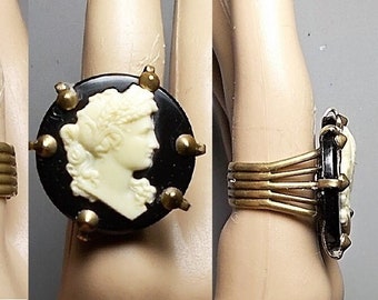 1 Large Black & White Cameo Ring Thick Celluloid Medieval-Looking Renaissance Cameo w/ Long Curly Tendrils Unisex Jan Michaels Adj. 5-8 Ring