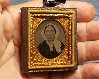SALE Small 1850 Tintype 1 1/6 Plate Photo Case Dogwood Woman TINTED Tintype, Gold Color Pinchbeck Ornate 2" Case 165 Years Old  OOAK
