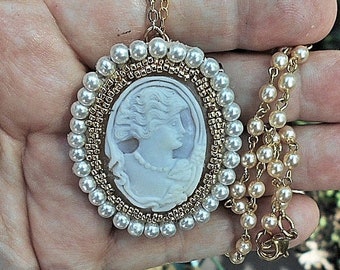 SALE Large Shell Cameo Pearl Necklace Vintage Hand Carved Shell Cameo I Embellished w/ Gold Seed Beads & Faux Pearl  Brooch /Pendant 99.90