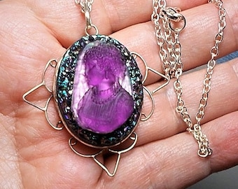 1910 Amethyst Cameo Rocky Carnival Glass Setting w/ 7 Colors of Tourmaline Vintage Druzy  Midnight Peacock Vitrail Silver Setting OOAK CAMEO