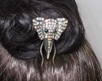 SALE Vintage Elephant Hair Comb Pic Bronze 4 1/2" long w/  Green Rhinestone Eyes & Rhineston Face Only 39.90