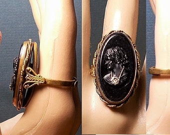 Large BLACK CAMEO RING Vintage 1930s Black Habille  Cameo on Ornate Uncas Brass Adjustable Ring, Goth, Art Deco, Exquisite Celluloid  Cameo