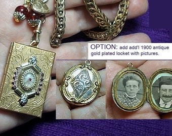 SALE 1 Camphor Glass Locket, Snuff, Ashes, Your Treasure, Optional added Antique GoldPlated Locket Pictures, Keepsake Assemblage Watch Chain