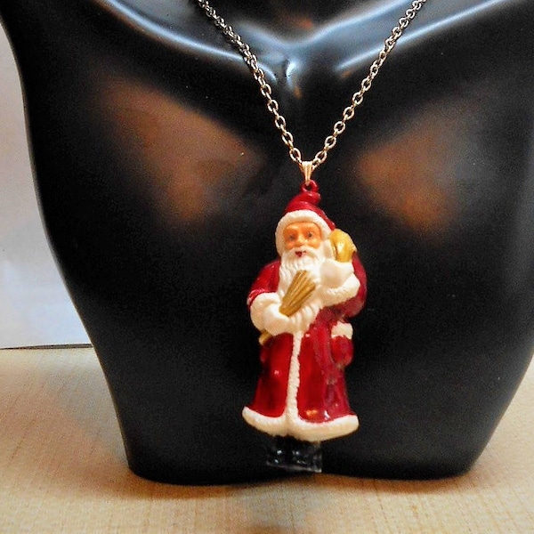 1940s Santa Claus Hand Painted Victorian Celluloid Christmas w/ Sack,This was a Antique Christmas Ornament, Now a Celluloid Santa Necklace