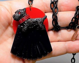 SALE 1930s Celluloid Black Scottie w/ Deco Red Enameled Brass Collar Set on Vintage Red Galalith & Black Bakelite Pendant 23" Black Necklace