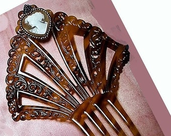 Antique Celluloid Cameo Pienta Mantilla Victorian Hair Comb, Carved 50 Years Ago +, w/ Large Antique Shell Heart Cameo Surrounded Seed Beads