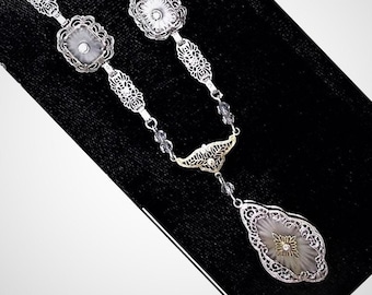 1920s 3 Piece CAMPHOR GLASS Necklace 3 Marquise & Rectangular Pendants Art Noveau Antique Rhodium S. P. Filigree Connectors Bridal Jewelry